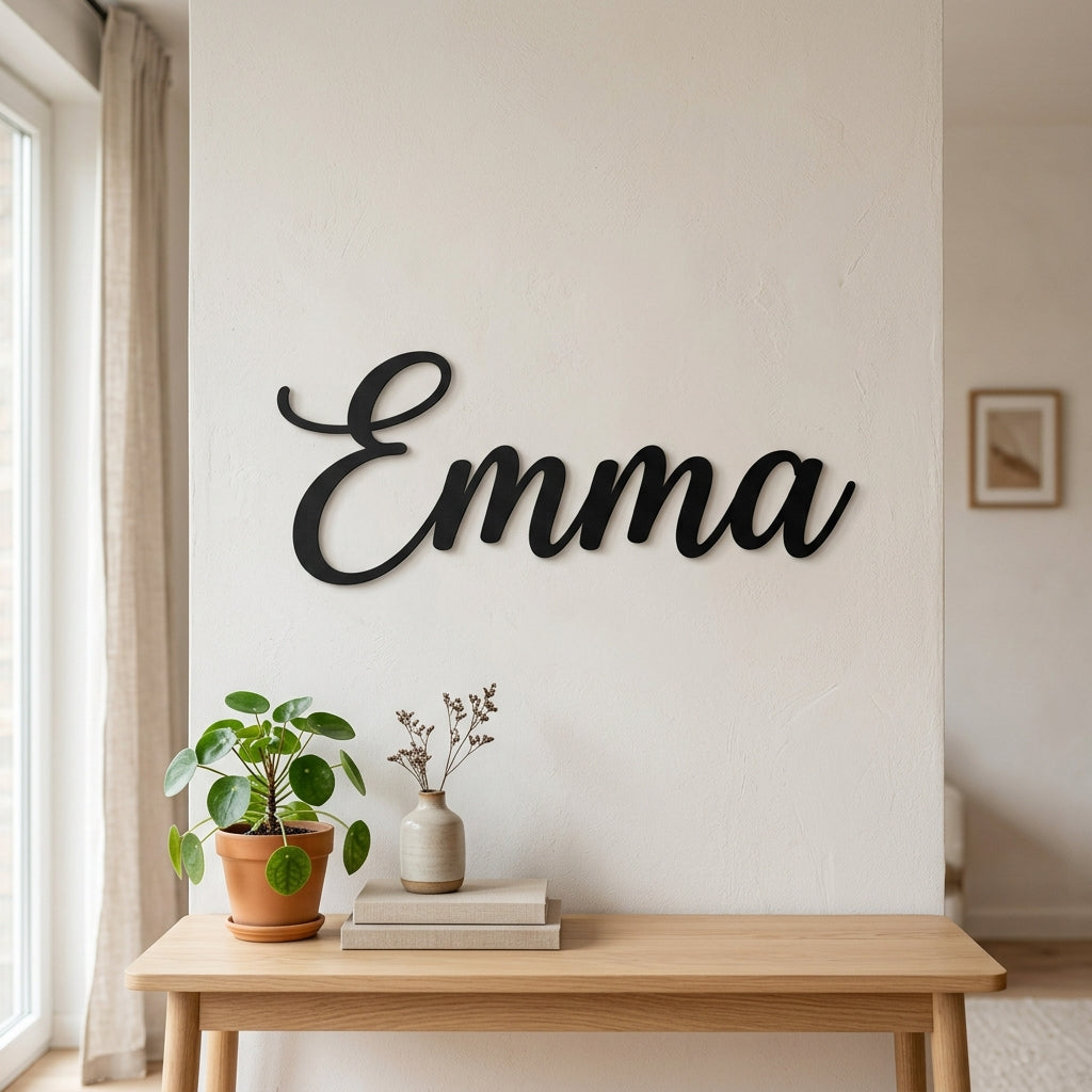 Custom name laser-cut metal sign on a wall