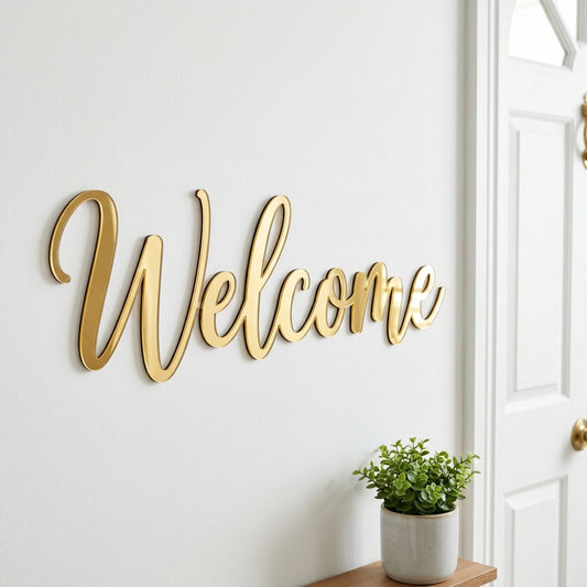 Acrylic script welcome sign by a front door