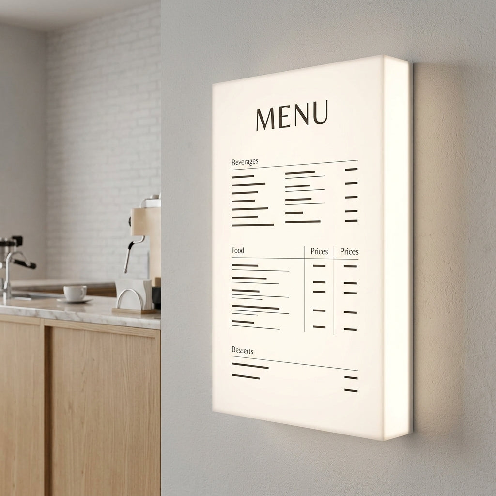 Backlit menu board light box in a café