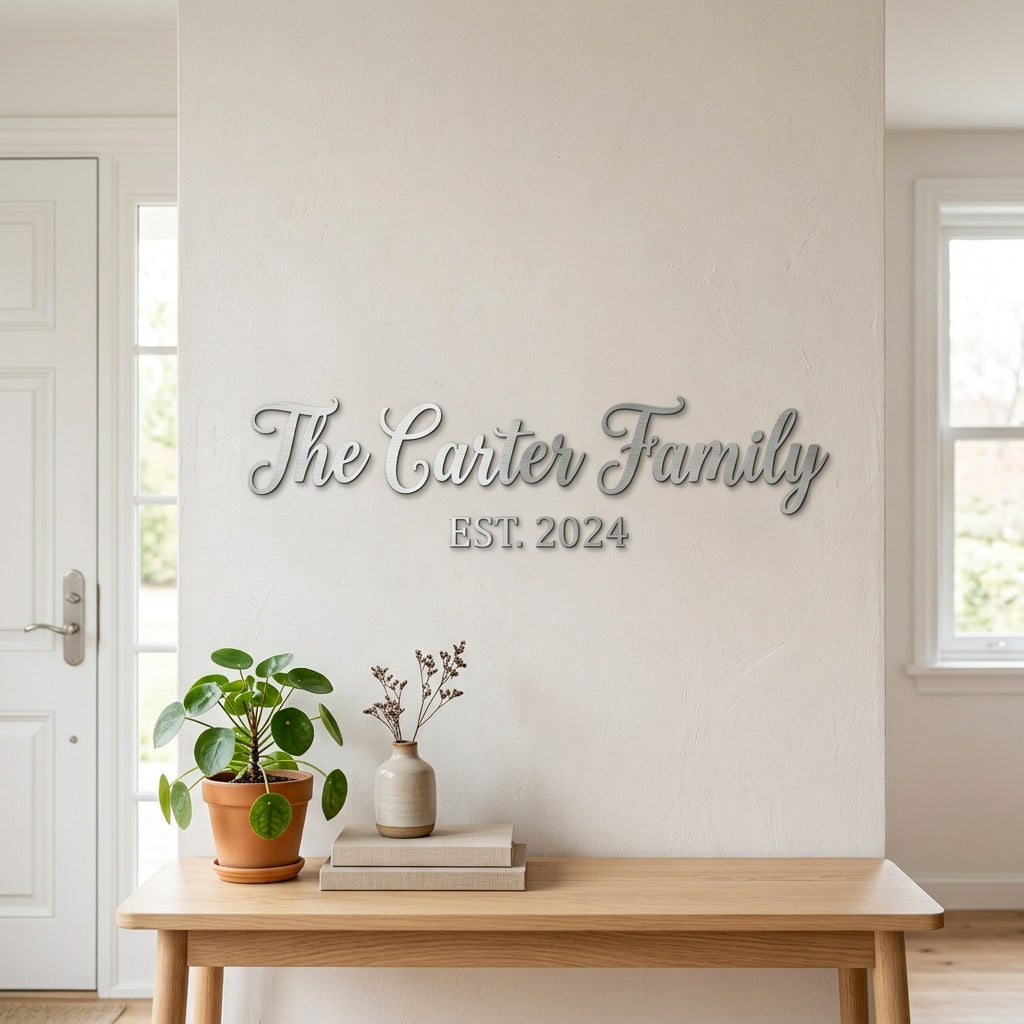 Laser-cut metal family name sign for an entryway