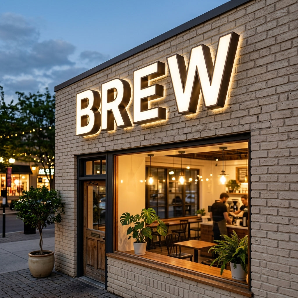 Illuminated custom LED channel letters on a storefront