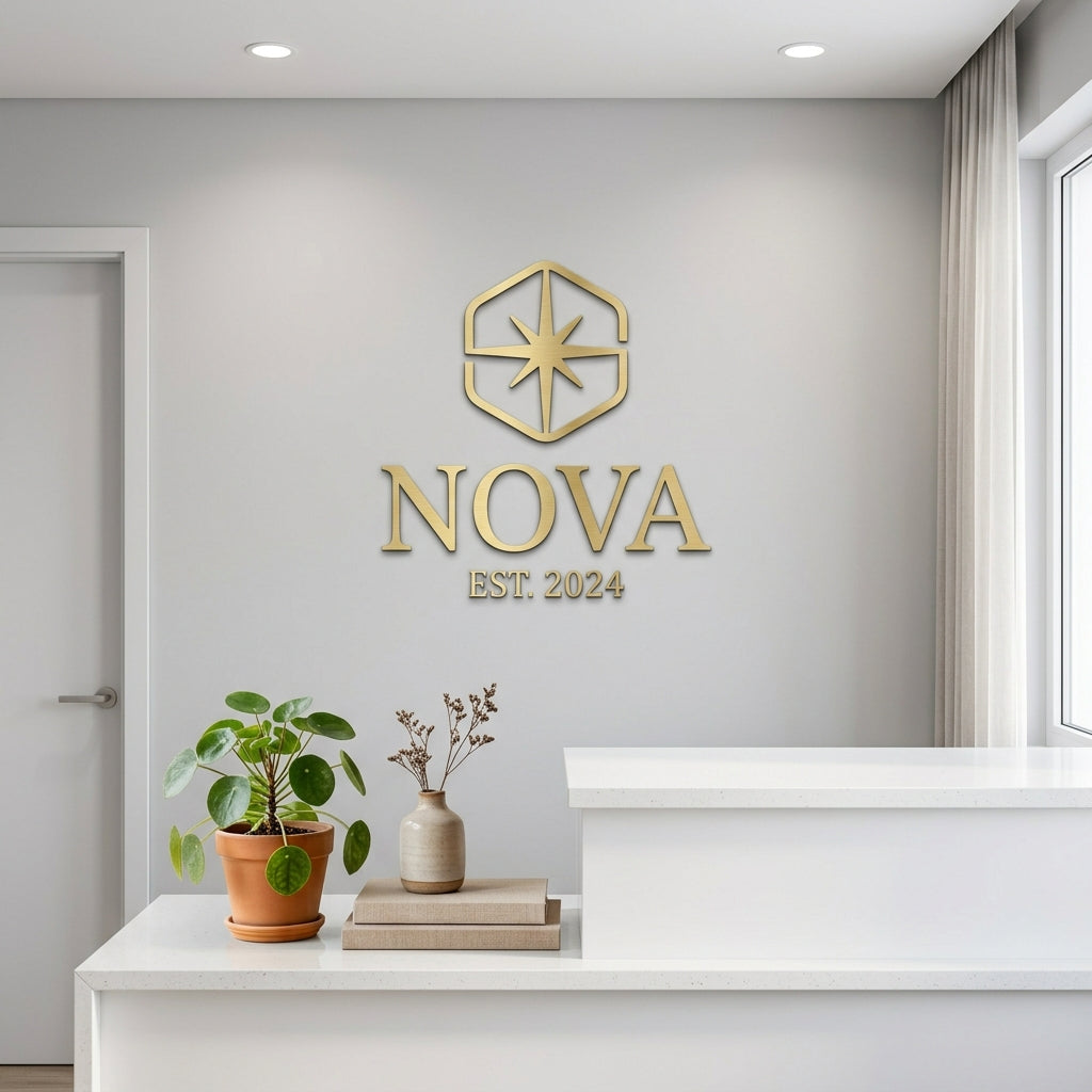 Metal business logo sign on an office wall